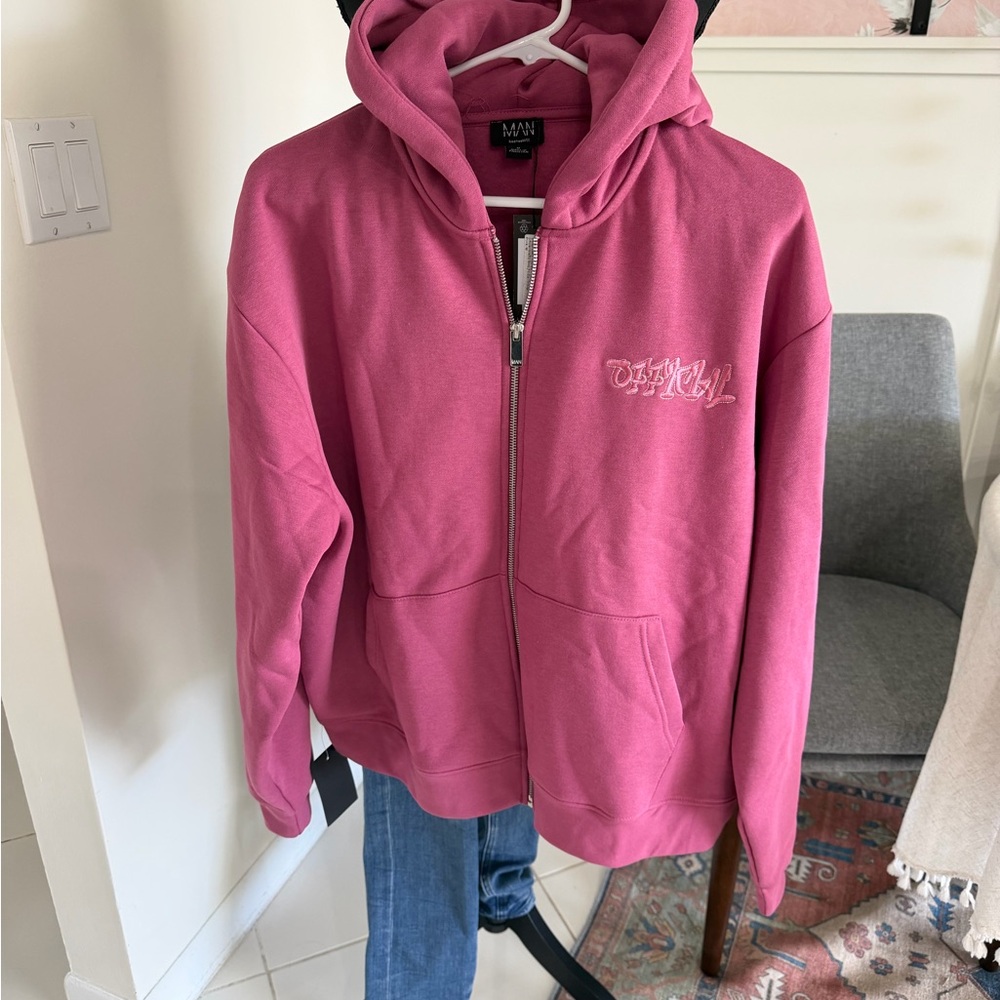 NWT boohooMAN Official Graffiti Boxy Fit Zip Through Hoodie Men’s Medium Pink